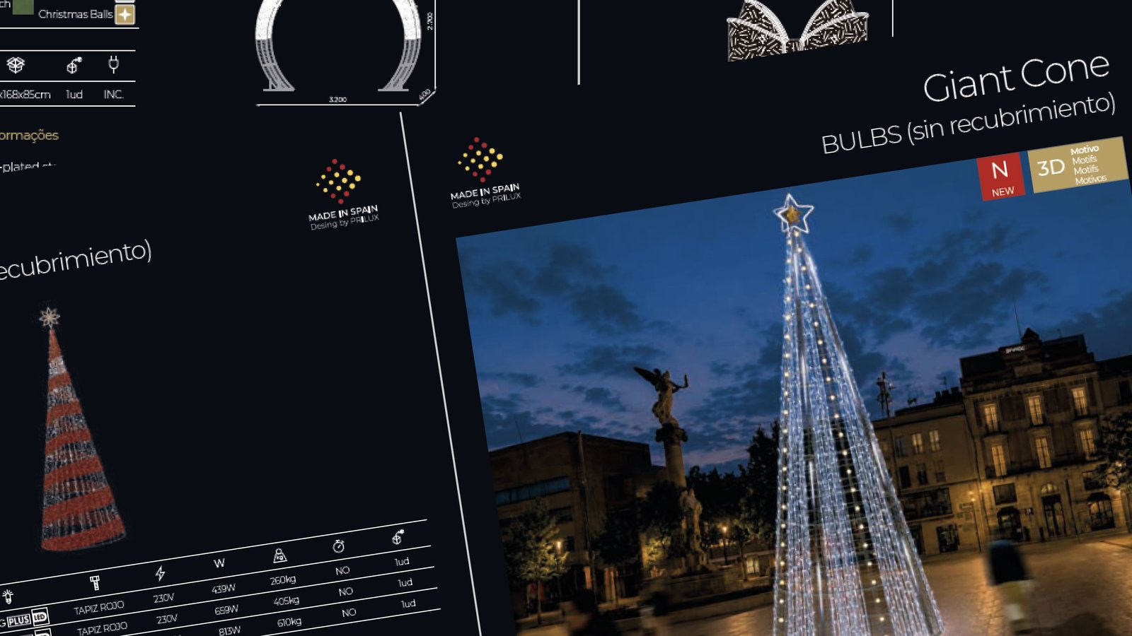 Árbol de Navidad de gran formato Giant Cone Bulbs instalado en una plaza
